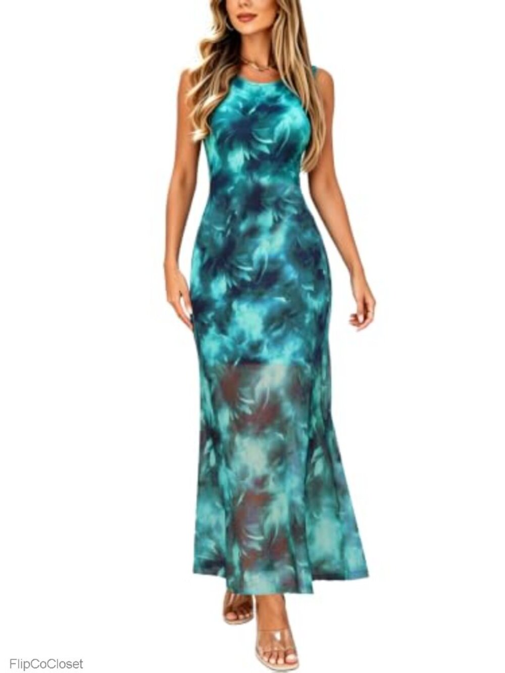 Women's Floral Mesh Maxi Dress Bodycon Sleeveless Long Formal Wedding Guest